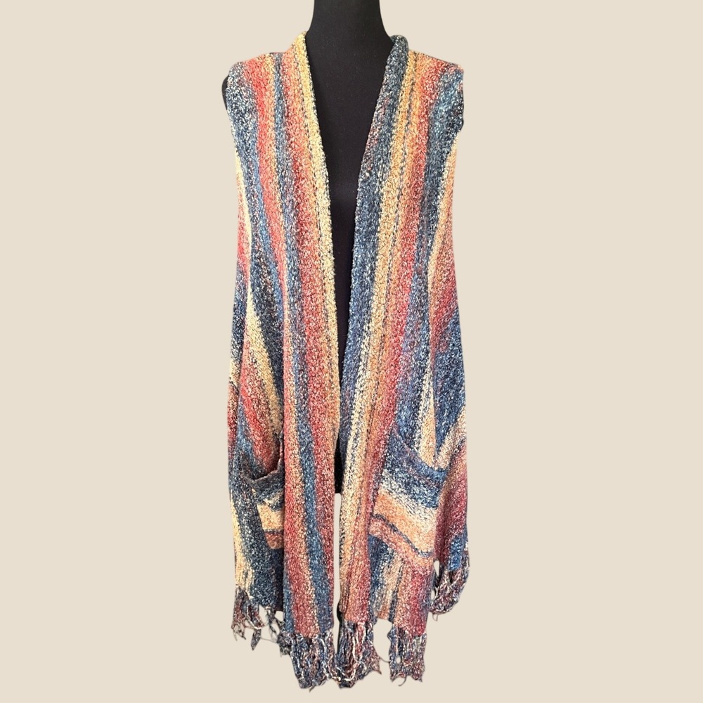 Nostalgia Striped Open-Front Duster Sweater Vest With Fringe, Medium, Bohemian